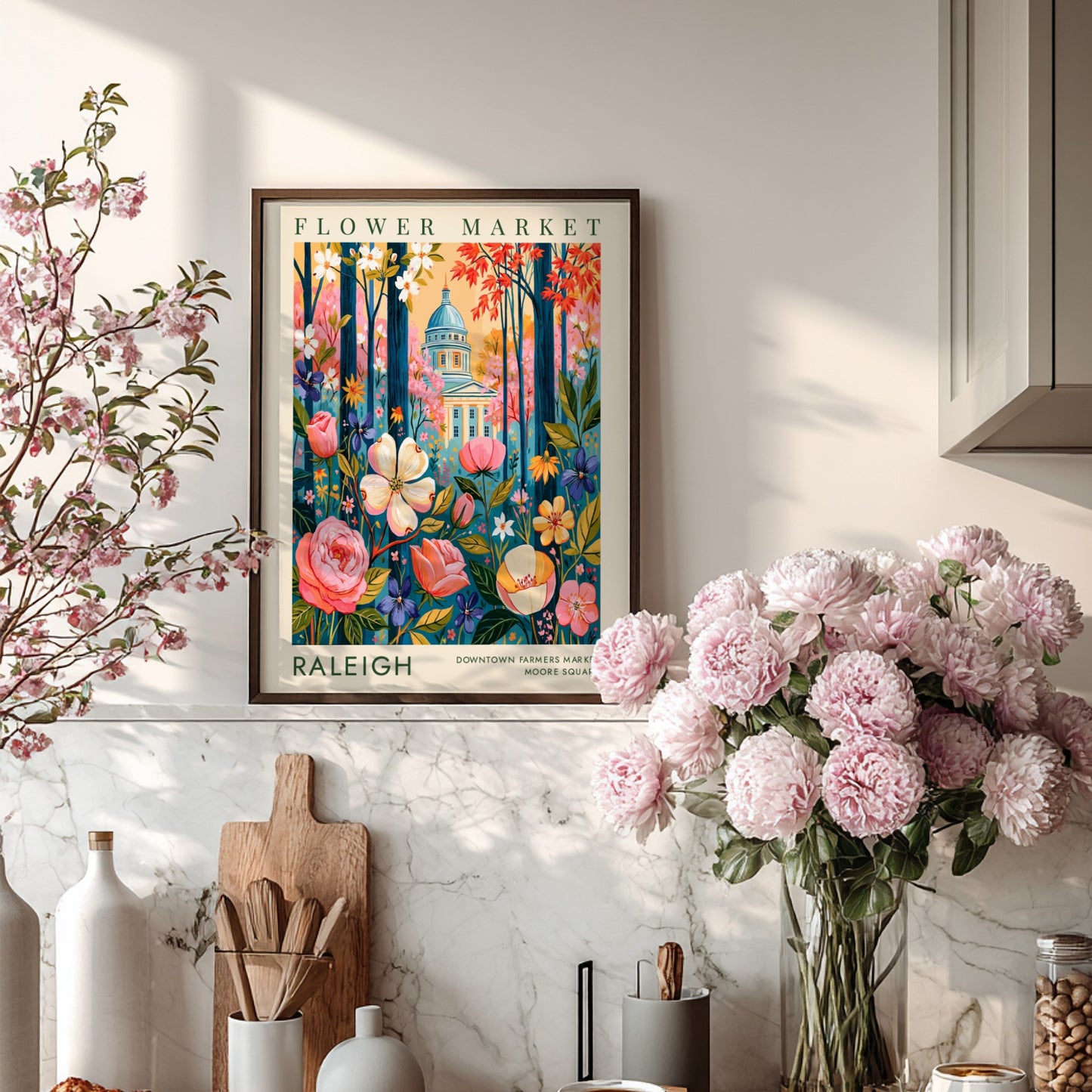 Flower market poster showcasing colorful blooms and Raleigh cityscape in vibrant colors