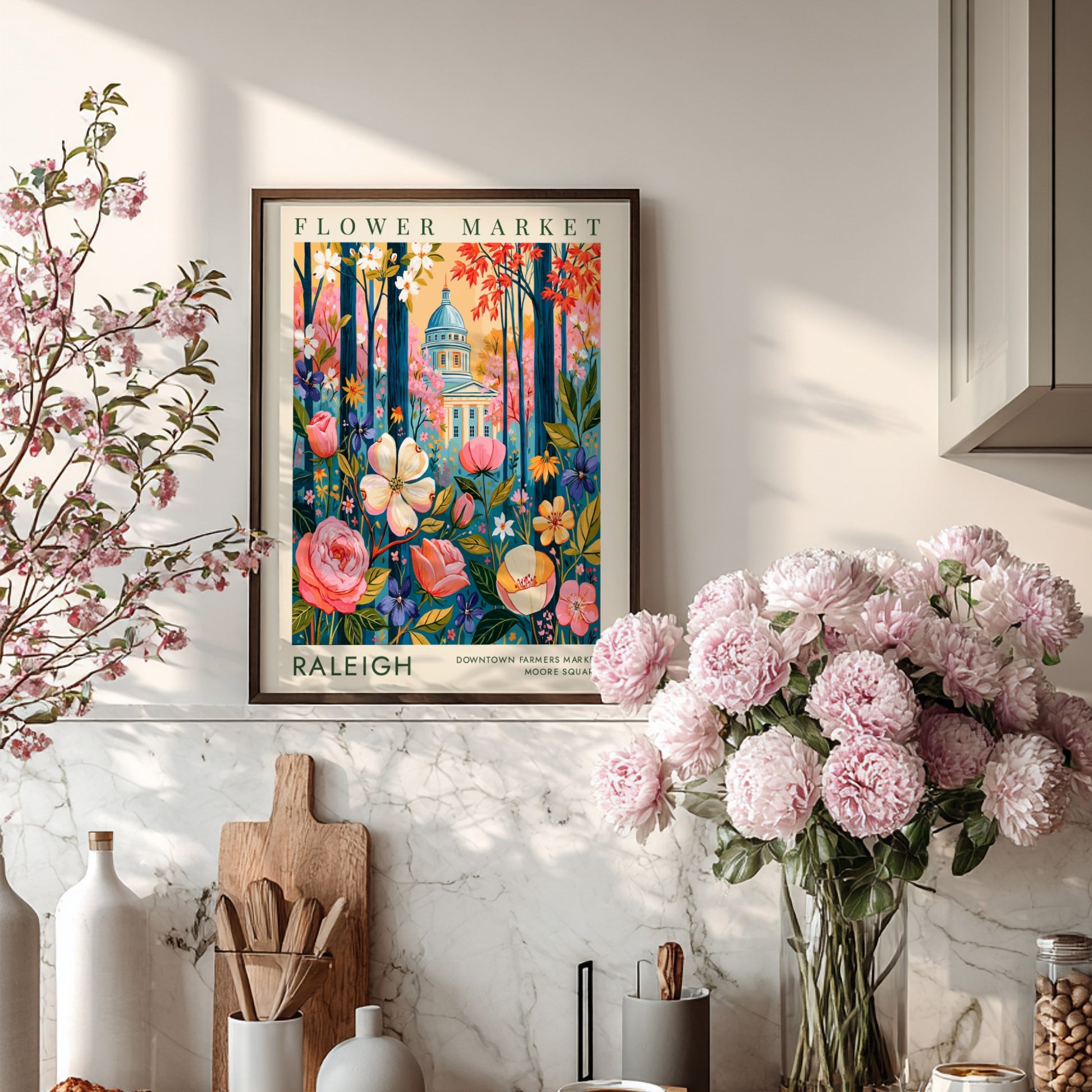 Flower market poster showcasing colorful blooms and Raleigh cityscape in vibrant colors
