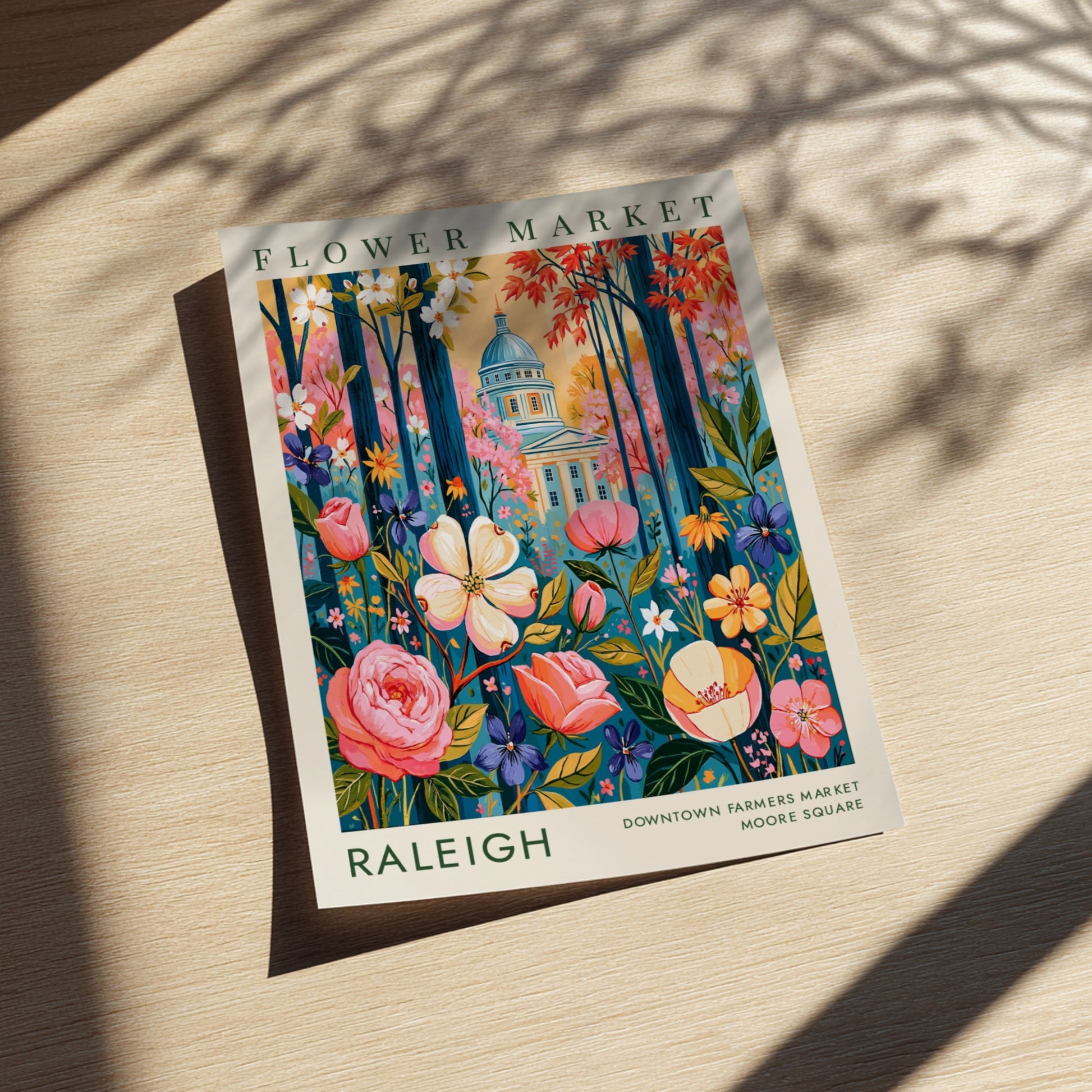 Flower market poster showcasing colorful blooms and Raleigh cityscape in vibrant colors