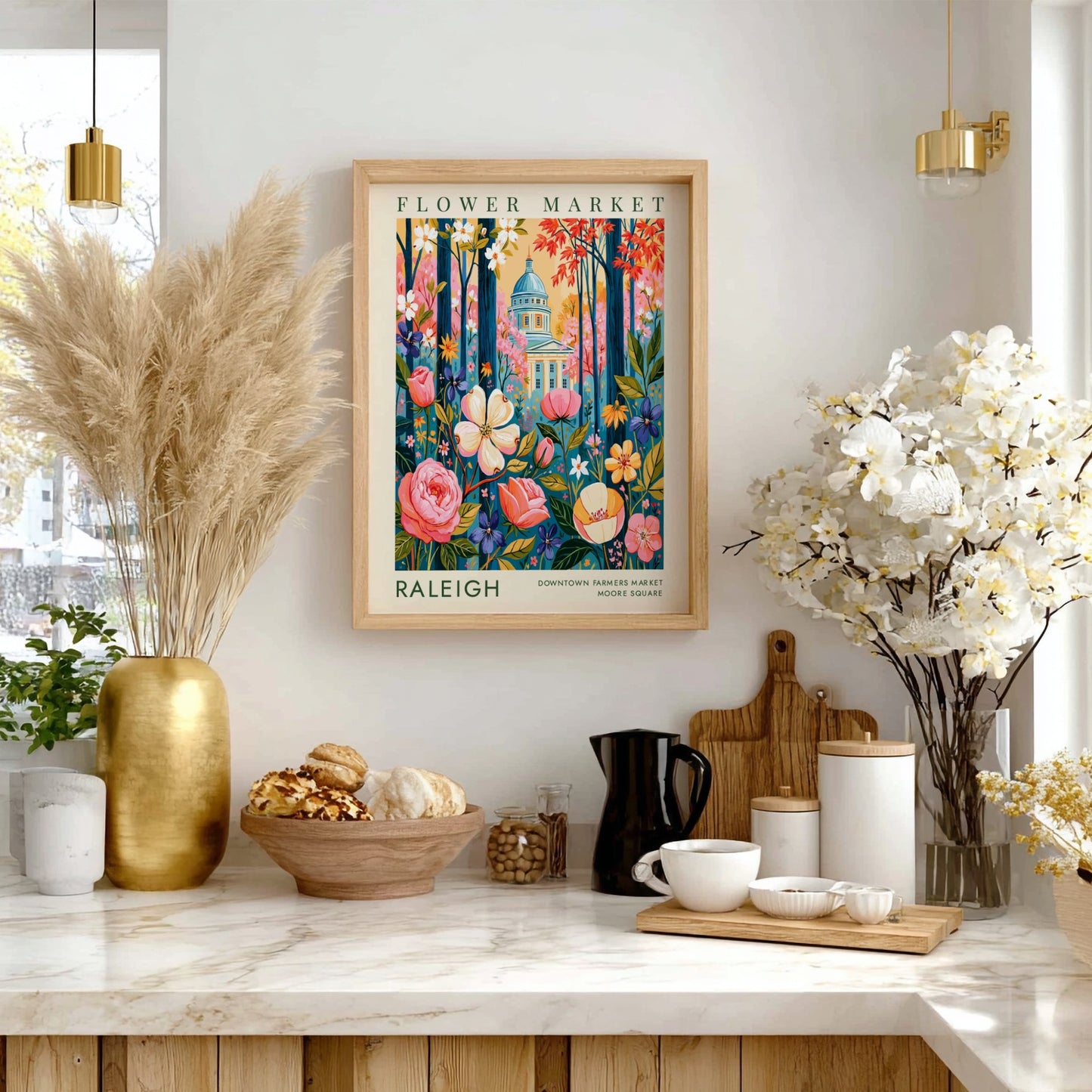 Flower market poster showcasing colorful blooms and Raleigh cityscape in vibrant colors