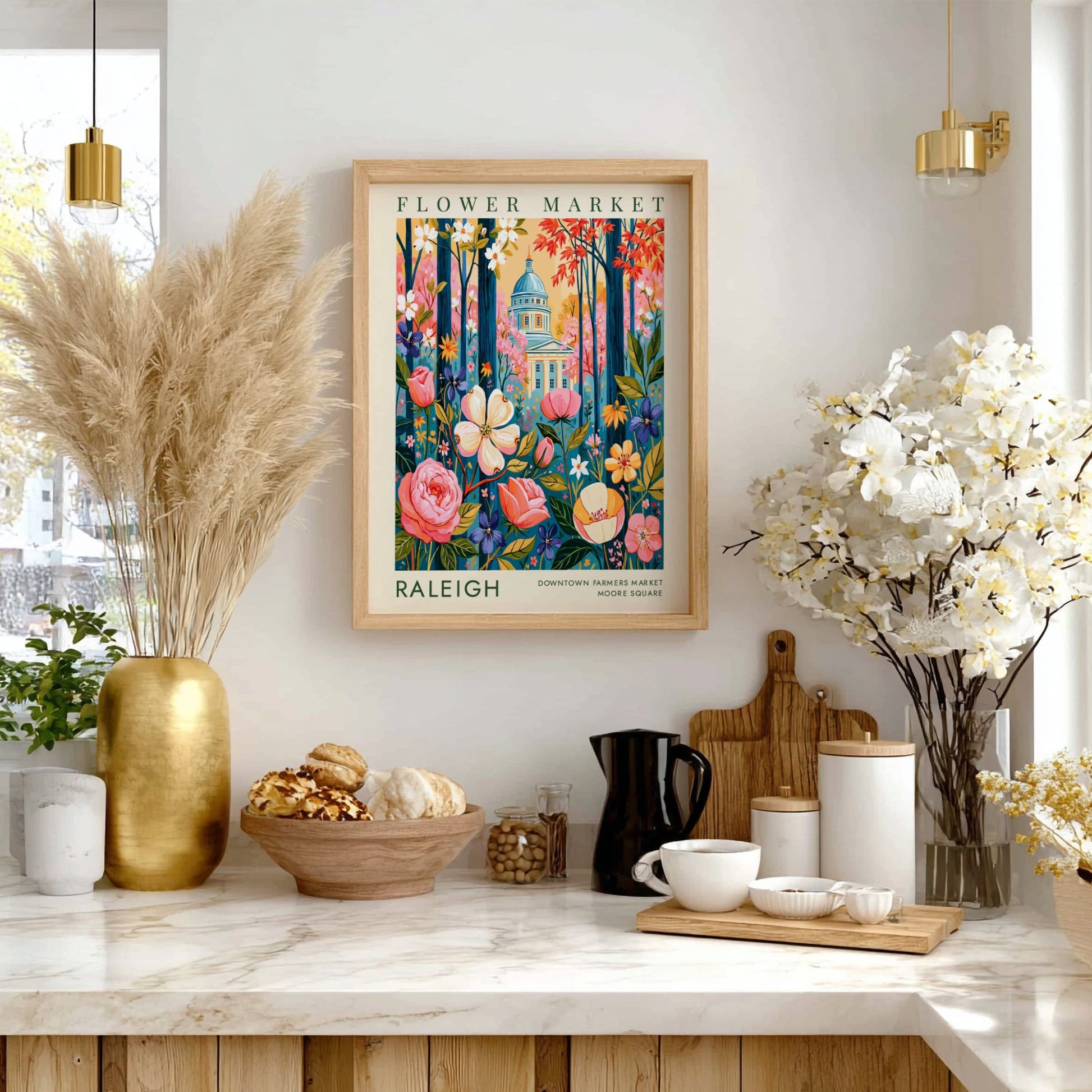 Flower market poster showcasing colorful blooms and Raleigh cityscape in vibrant colors