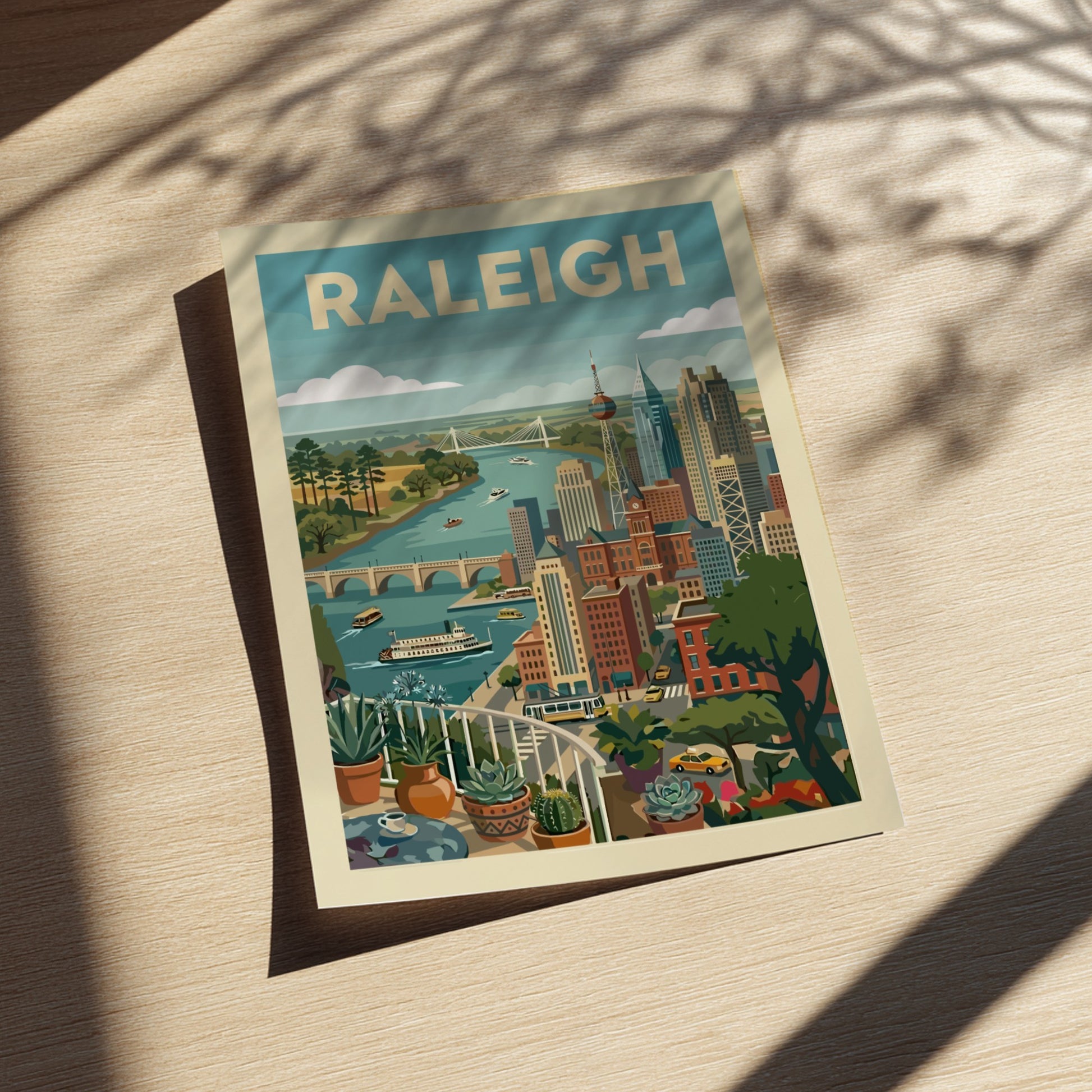 Stylized illustration of the Raleigh skyline with a river, bridges, and cityscape art.