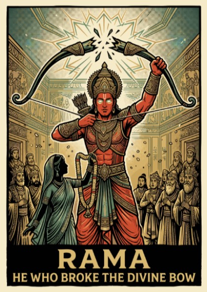 Poster of Lord Rama in red robes breaking a divine bow with spectators