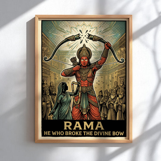 Poster of Lord Rama in red robes breaking a divine bow with spectators