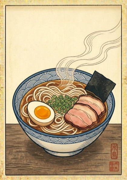 Japanese art style poster featuring a ramen bowl with steam, warm tones, and intricate details