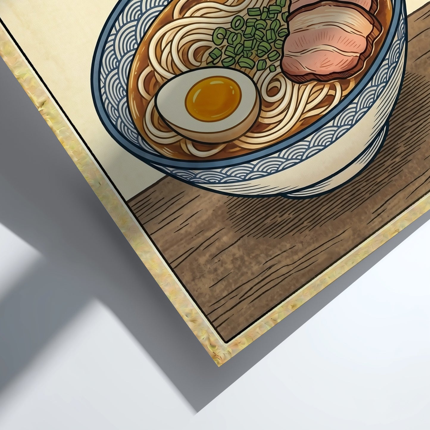 Japanese art style poster featuring a ramen bowl with steam, warm tones, and intricate details