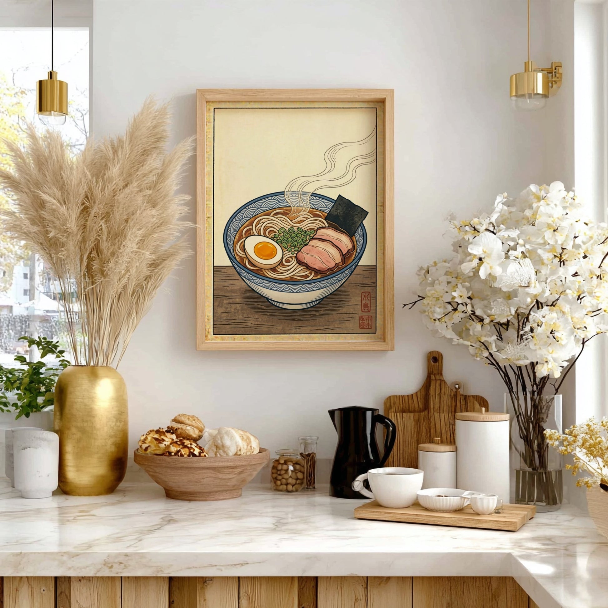 Japanese art style poster featuring a ramen bowl with steam, warm tones, and intricate details