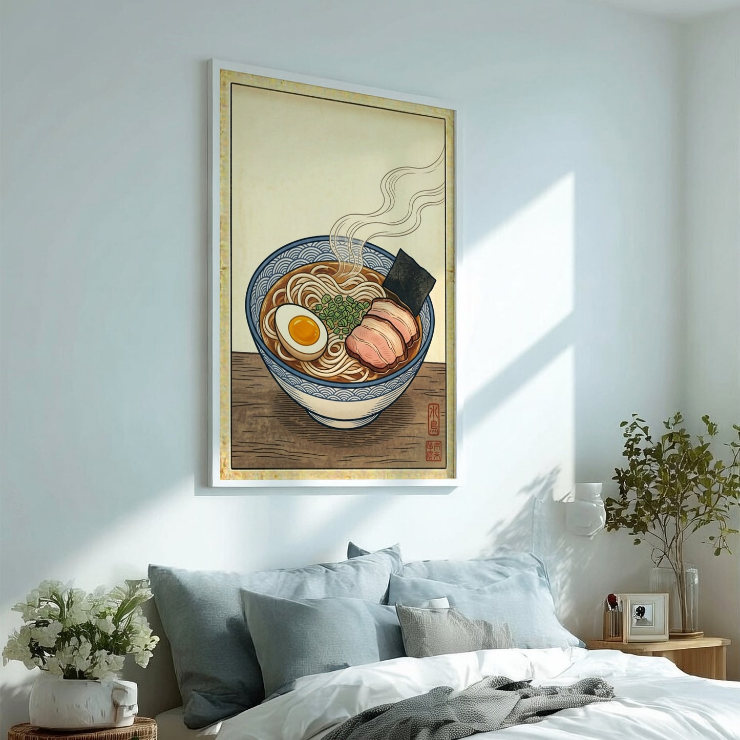 Japanese art style poster featuring a ramen bowl with steam, warm tones, and intricate details