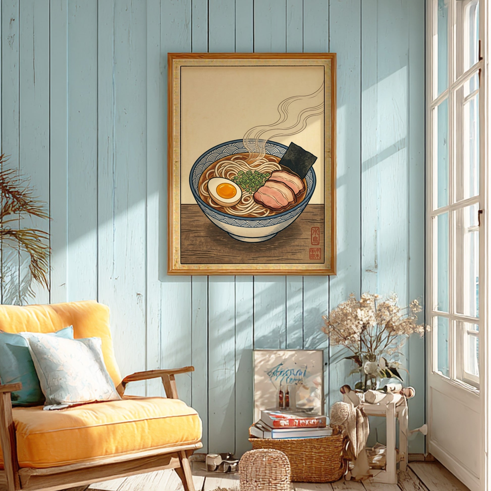 Japanese art style poster featuring a ramen bowl with steam, warm tones, and intricate details