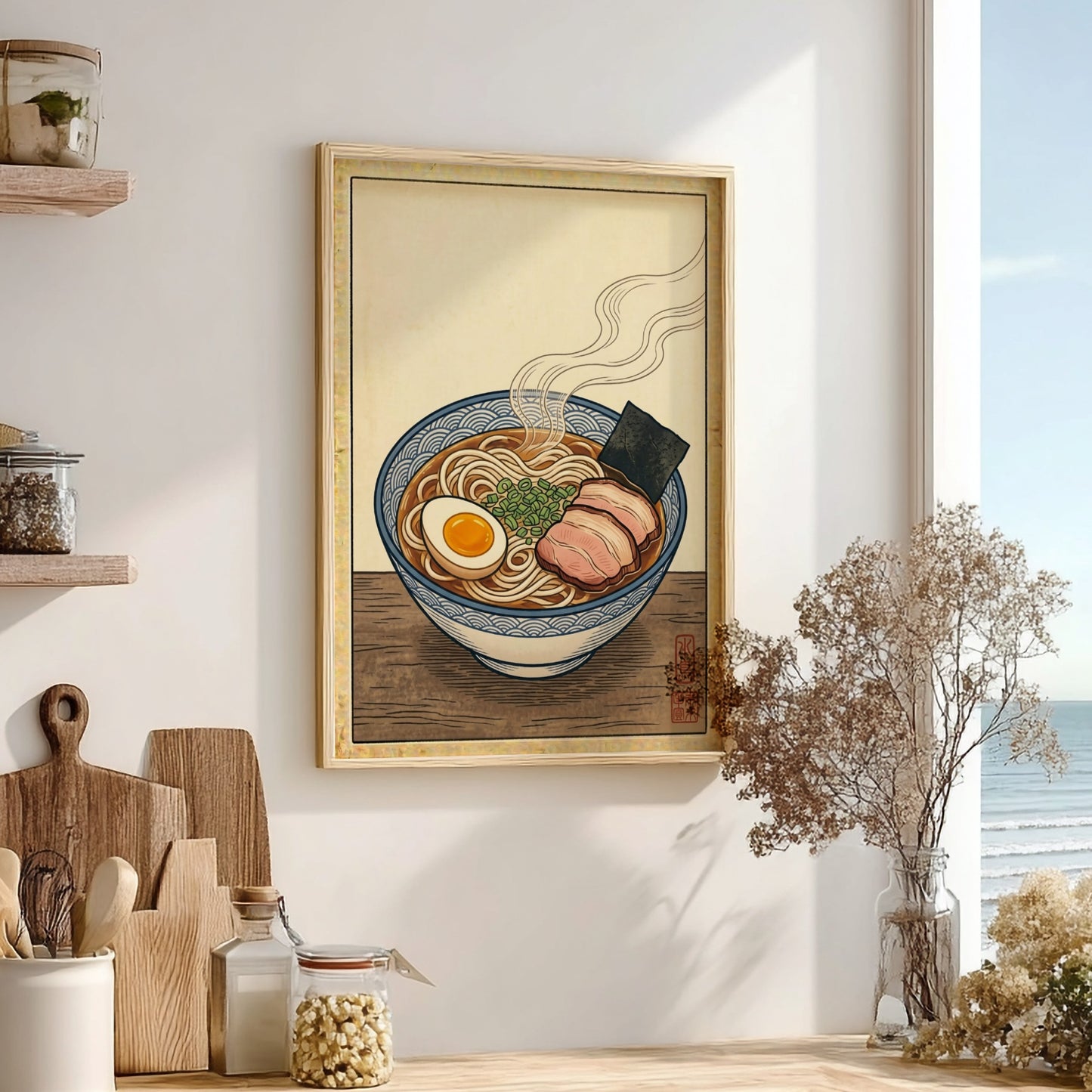 Japanese art style poster featuring a ramen bowl with steam, warm tones, and intricate details