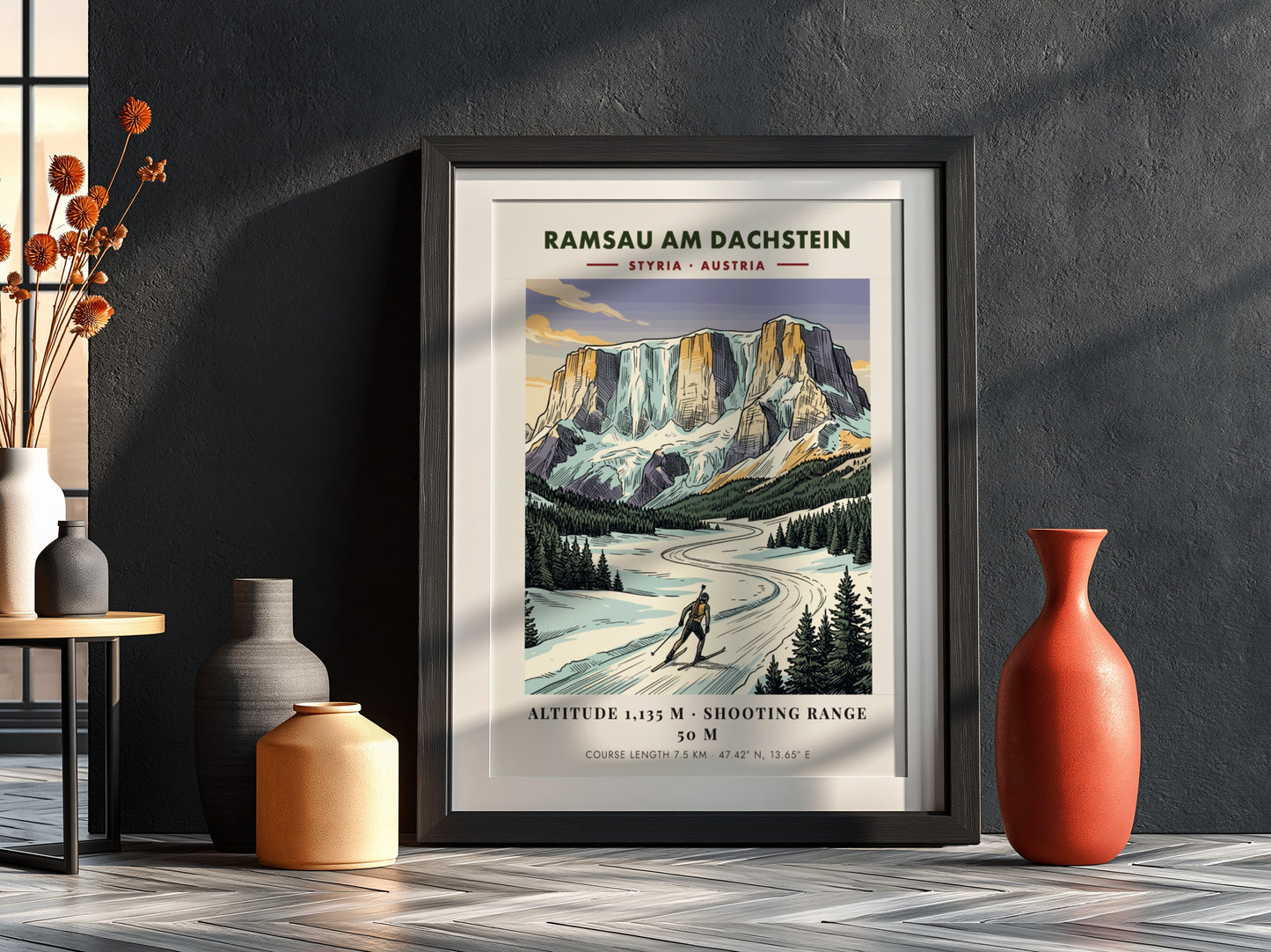 Poster of a biathlete skiing in Ramsau am Dachstein under tall Austrian mountain peaks.
