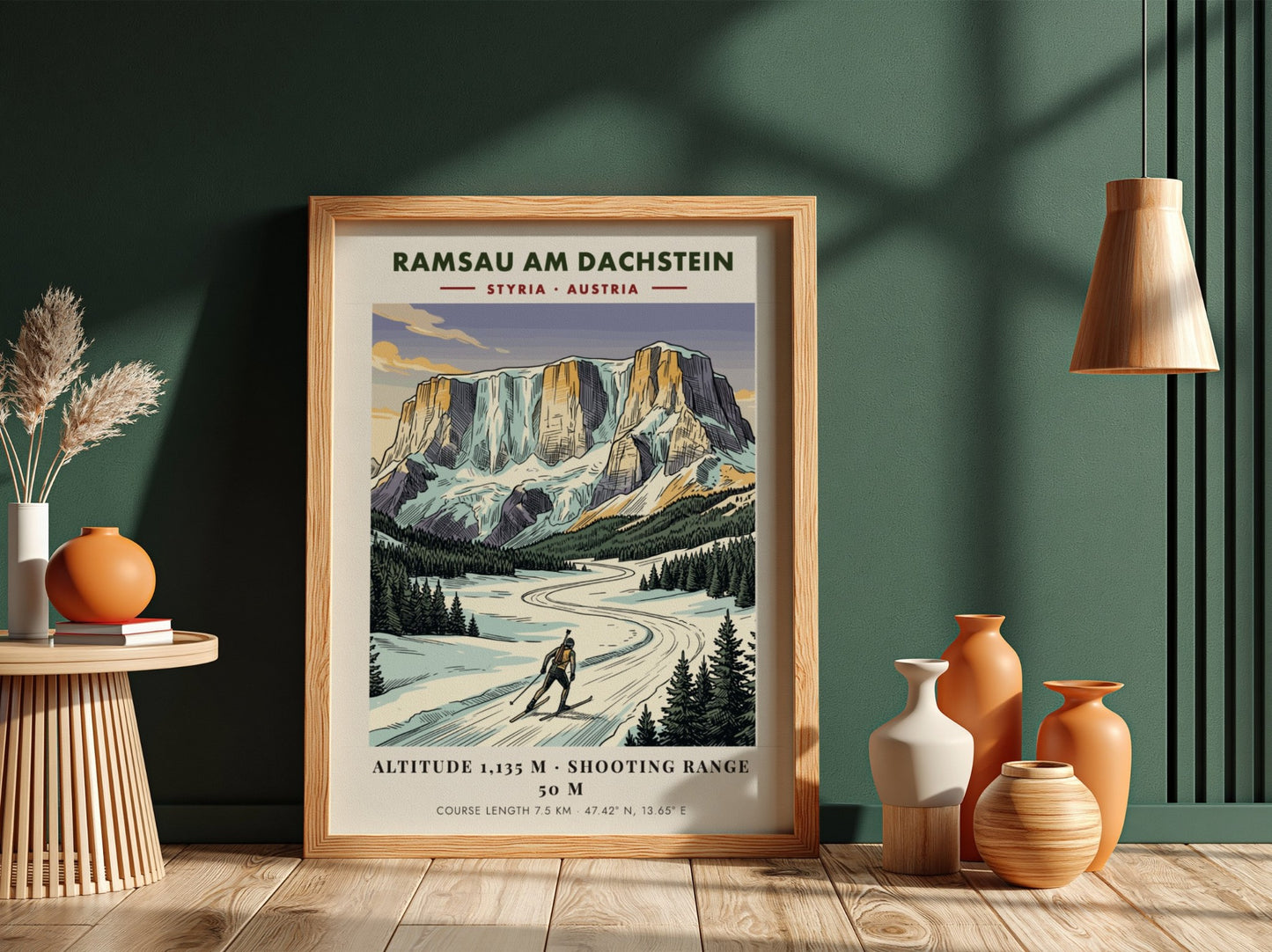 Poster of a biathlete skiing in Ramsau am Dachstein under tall Austrian mountain peaks.