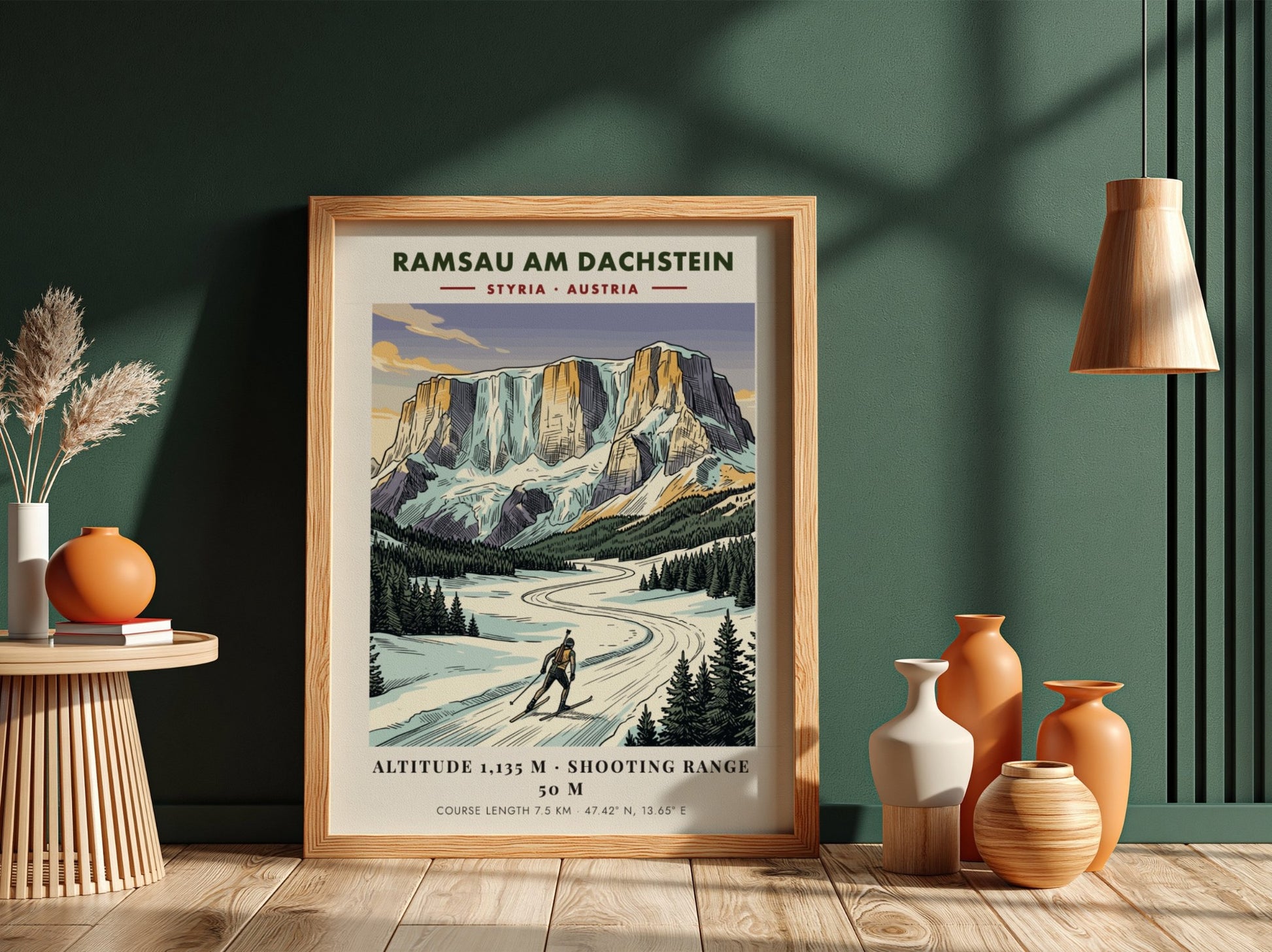 Poster of a biathlete skiing in Ramsau am Dachstein under tall Austrian mountain peaks.
