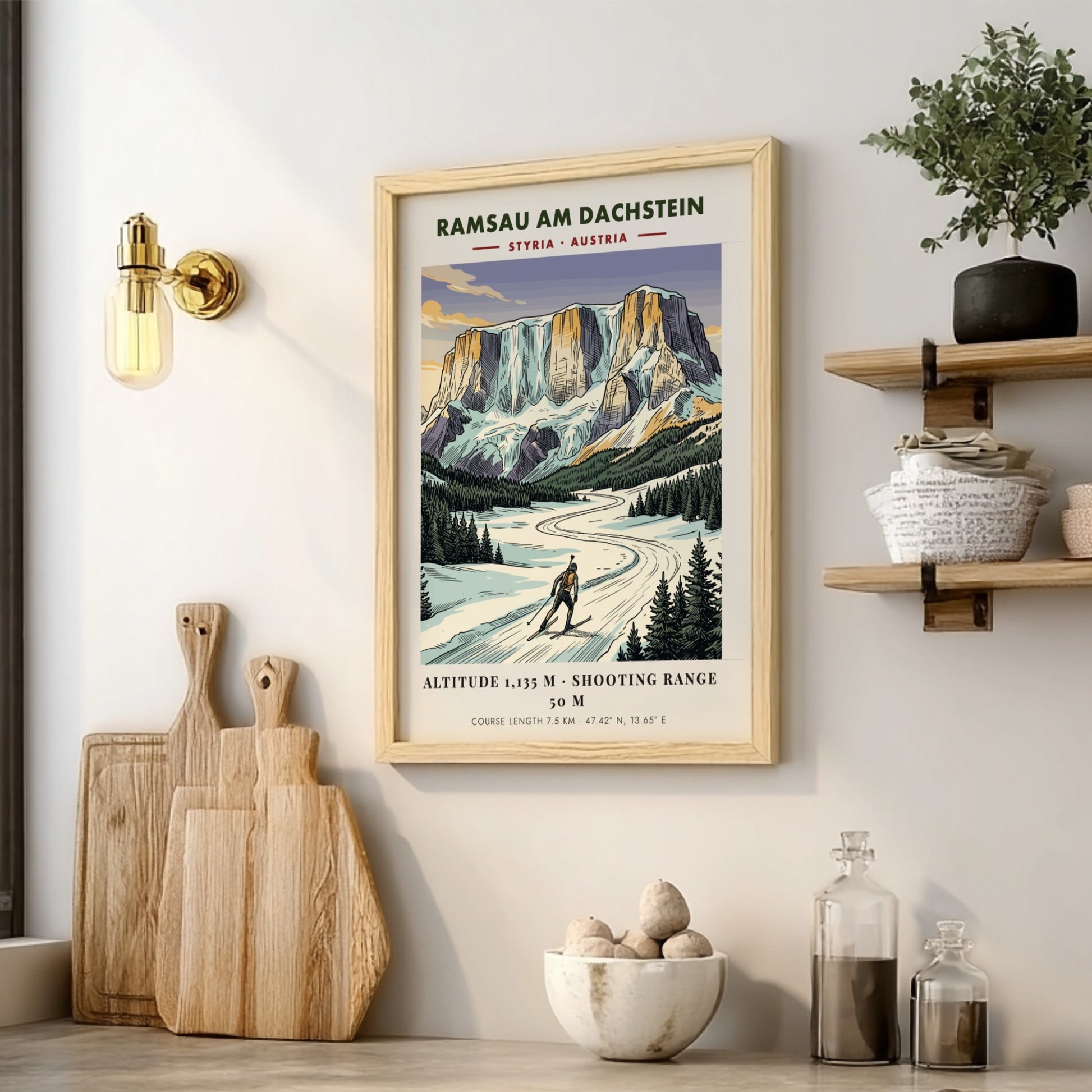 Poster of a biathlete skiing in Ramsau am Dachstein under tall Austrian mountain peaks.