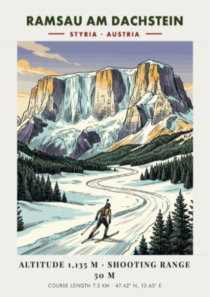 Poster of a biathlete skiing in Ramsau am Dachstein under tall Austrian mountain peaks.
