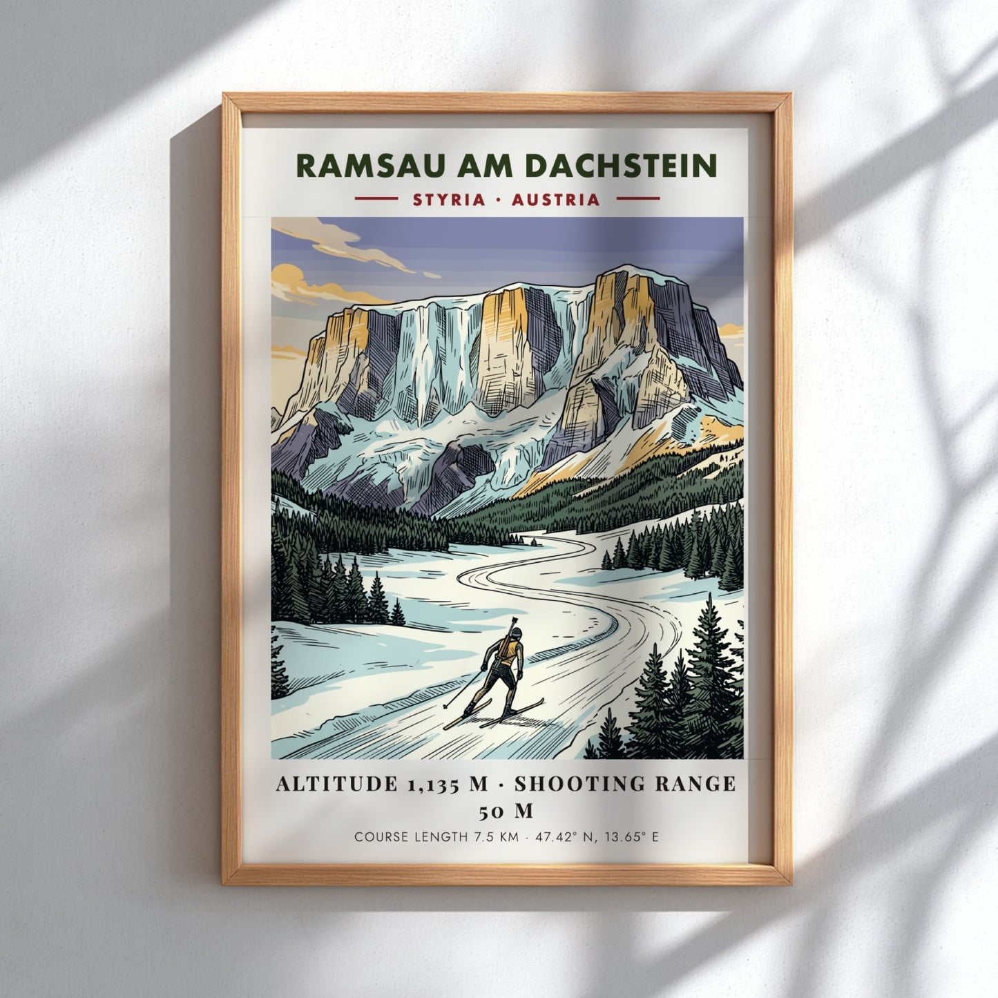Poster of a biathlete skiing in Ramsau am Dachstein under tall Austrian mountain peaks.
