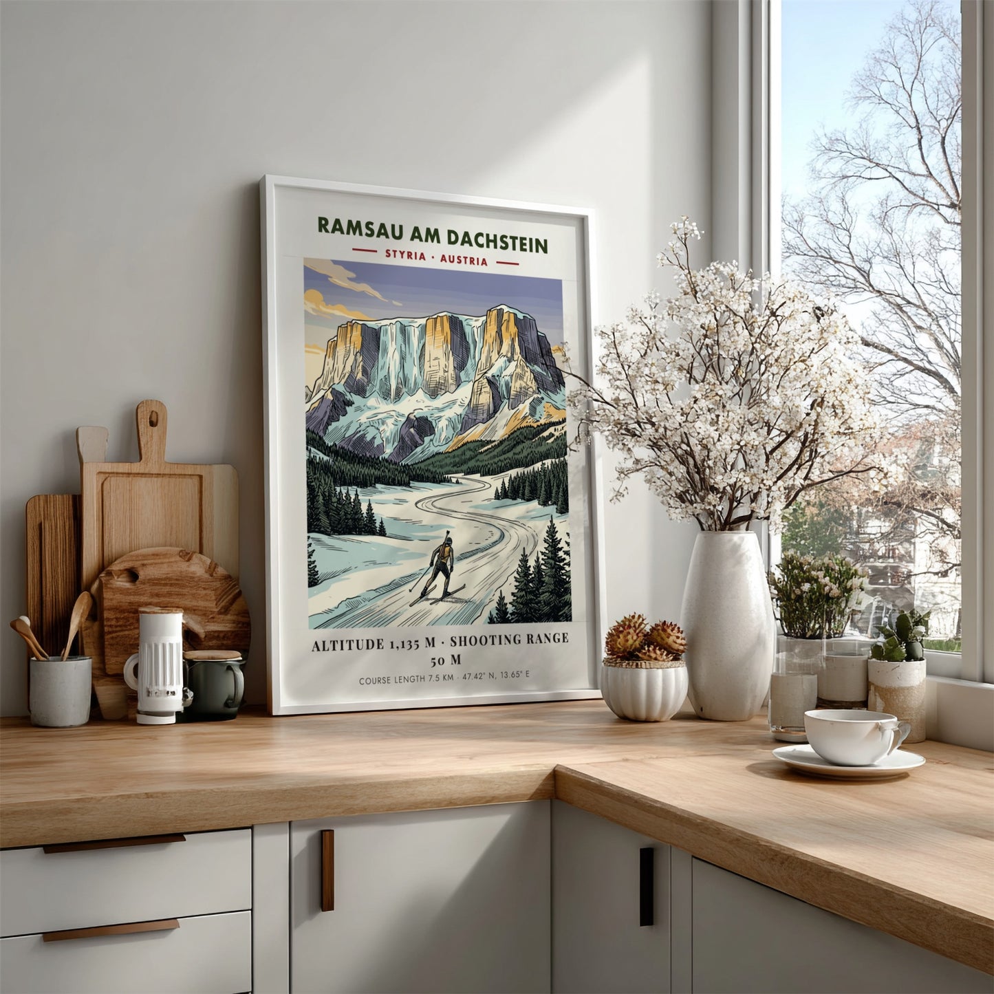 Poster of a biathlete skiing in Ramsau am Dachstein under tall Austrian mountain peaks.