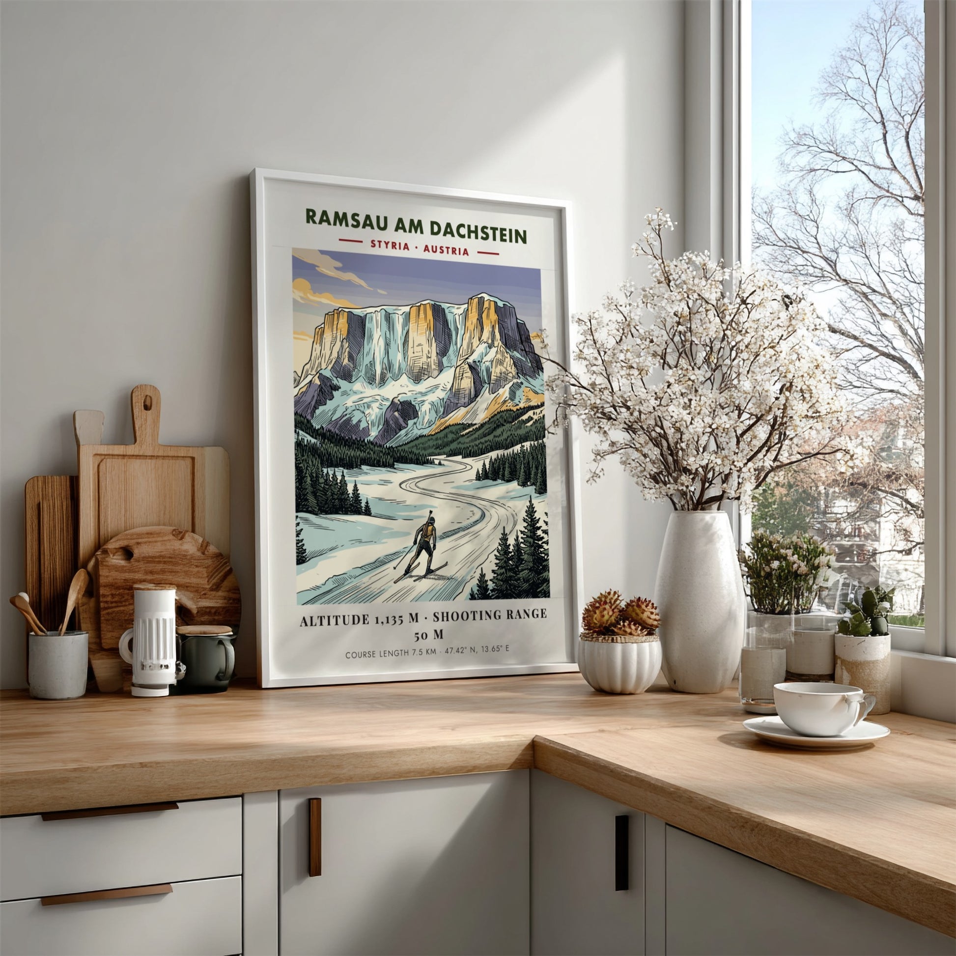 Poster of a biathlete skiing in Ramsau am Dachstein under tall Austrian mountain peaks.