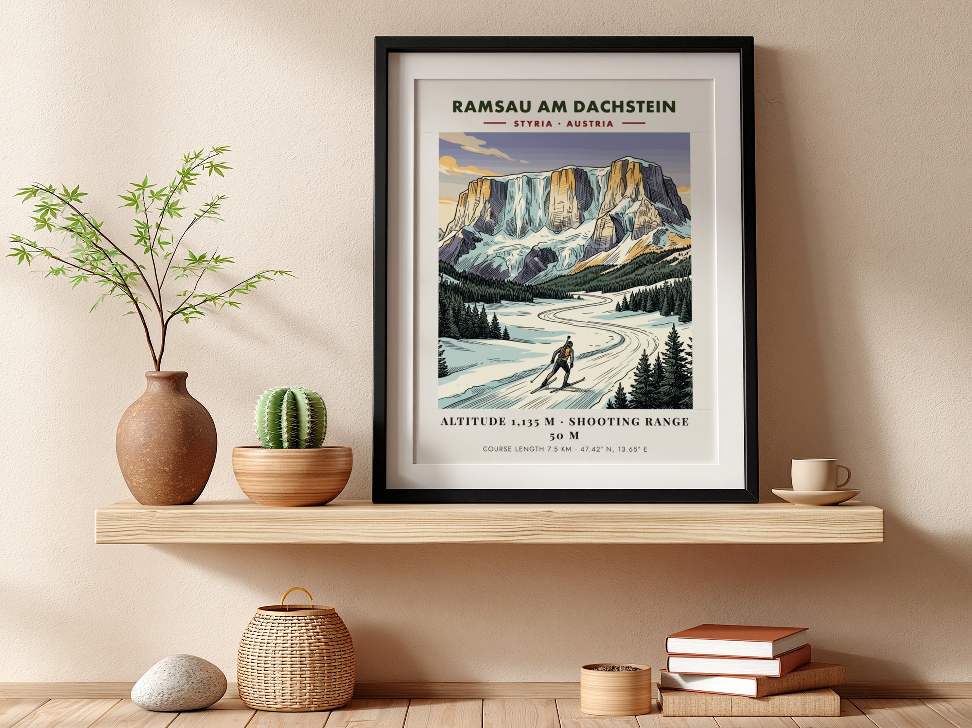 Poster of a biathlete skiing in Ramsau am Dachstein under tall Austrian mountain peaks.