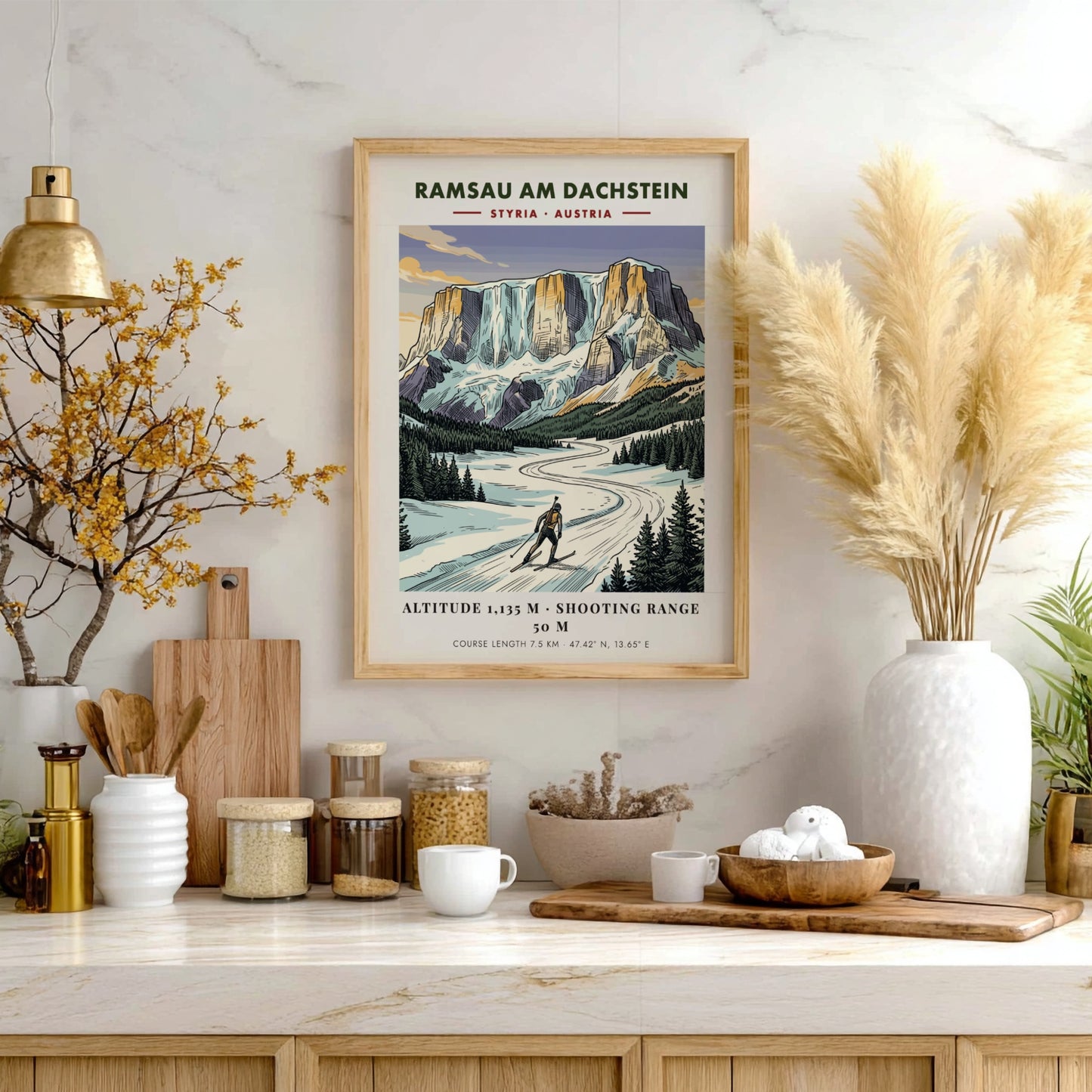 Poster of a biathlete skiing in Ramsau am Dachstein under tall Austrian mountain peaks.