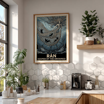 Poster of the Norse goddess Rán holding a net of souls above a shipwreck.