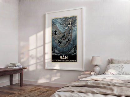 Poster of the Norse goddess Rán holding a net of souls above a shipwreck.