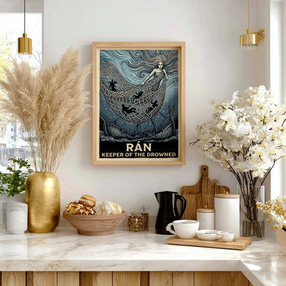 Poster of the Norse goddess Rán holding a net of souls above a shipwreck.