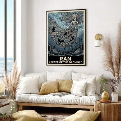 Poster of the Norse goddess Rán holding a net of souls above a shipwreck.