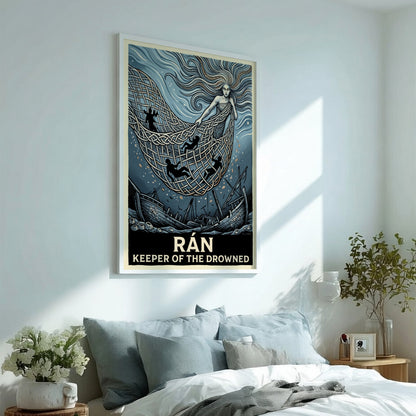 Poster of the Norse goddess Rán holding a net of souls above a shipwreck.