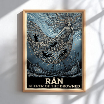 Poster of the Norse goddess Rán holding a net of souls above a shipwreck.