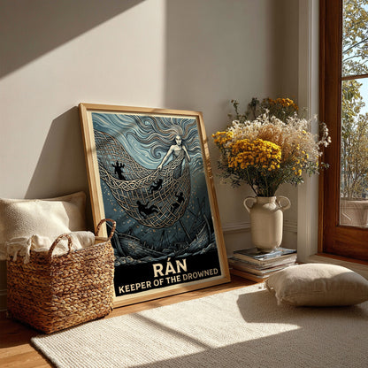 Poster of the Norse goddess Rán holding a net of souls above a shipwreck.
