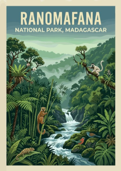 Ranomafana National Park poster featuring lush greenery, wildlife, and a serene river in vibrant colors