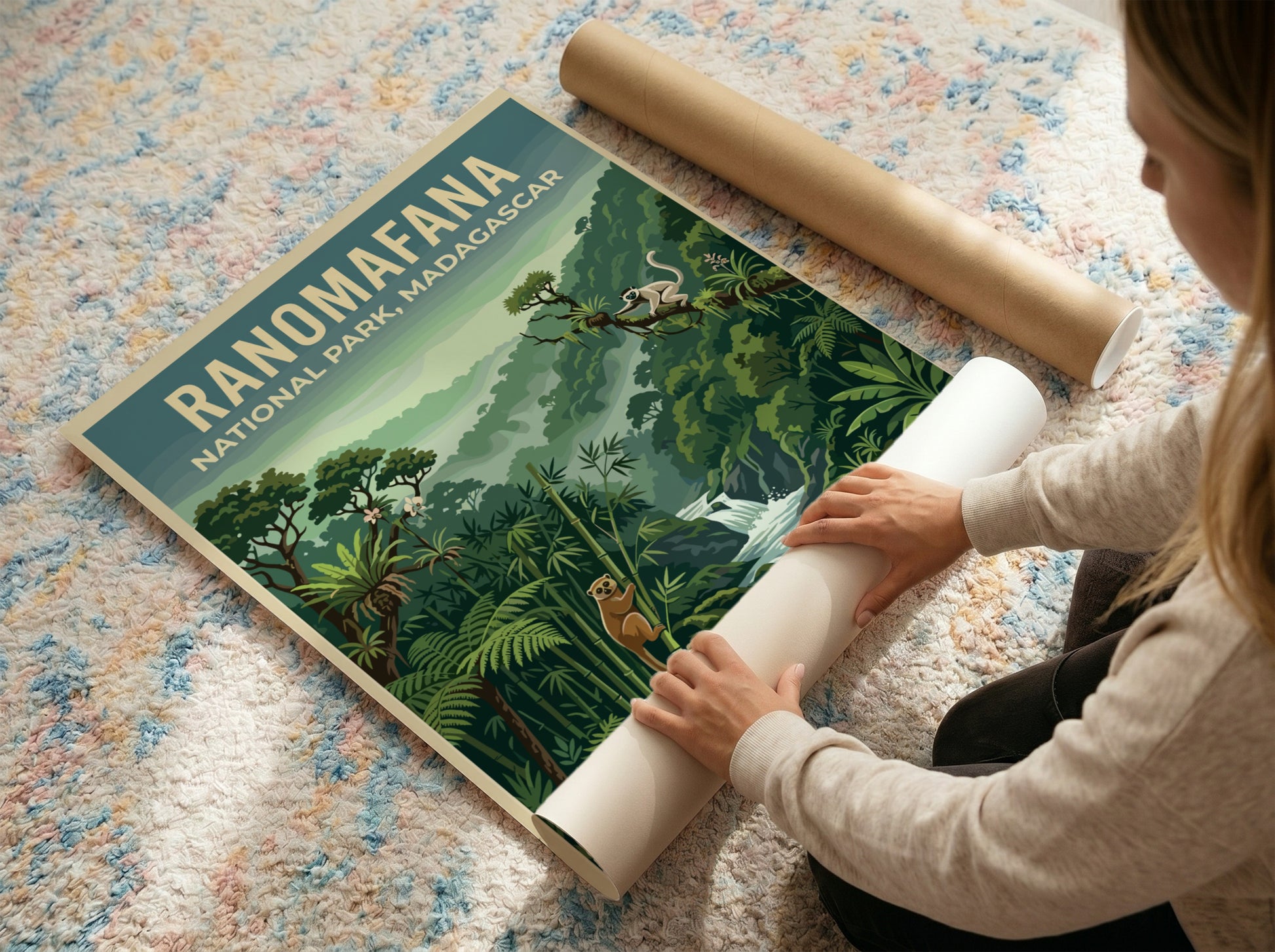 Ranomafana National Park poster featuring lush greenery, wildlife, and a serene river in vibrant colors