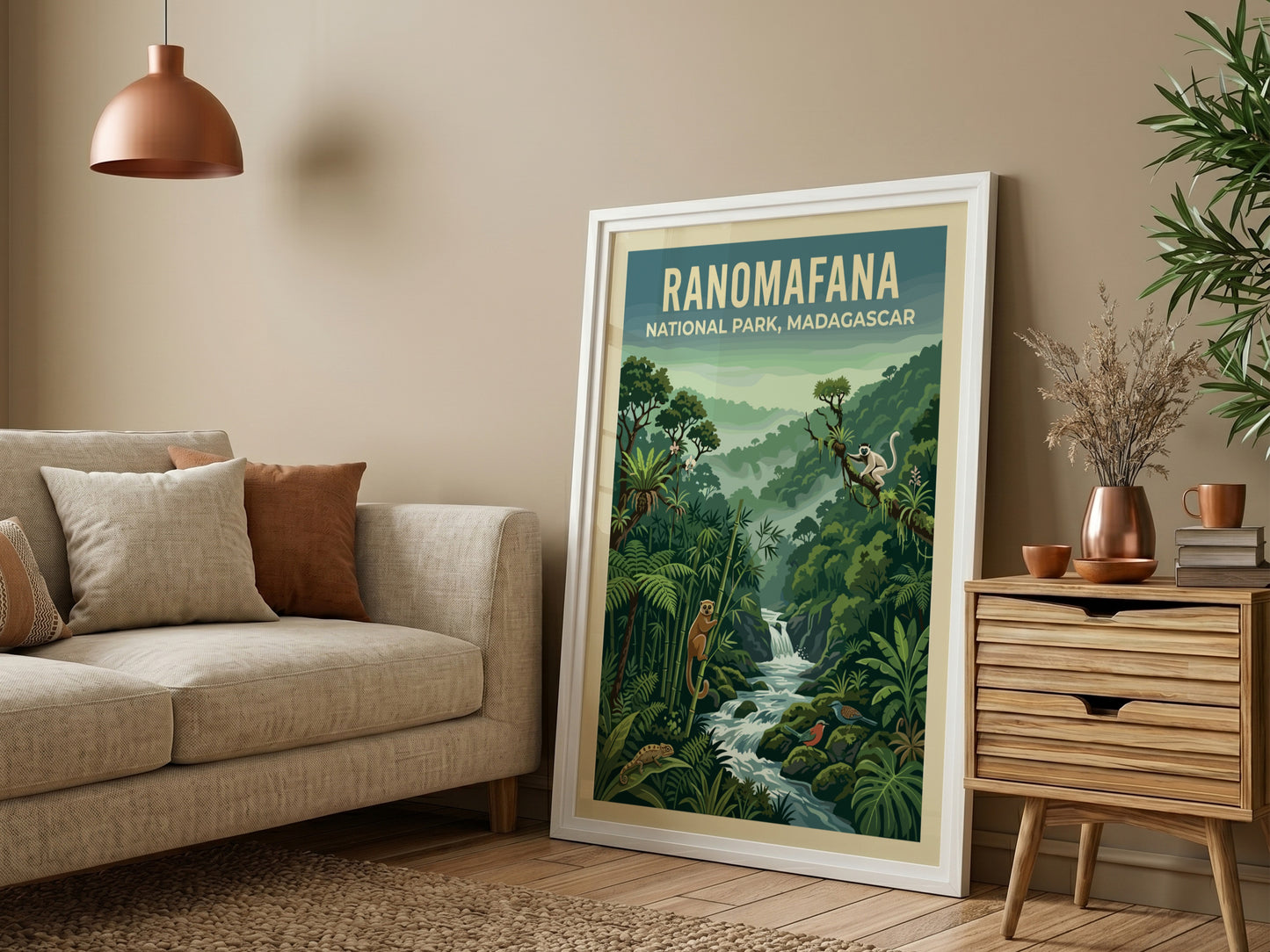 Ranomafana National Park poster featuring lush greenery, wildlife, and a serene river in vibrant colors
