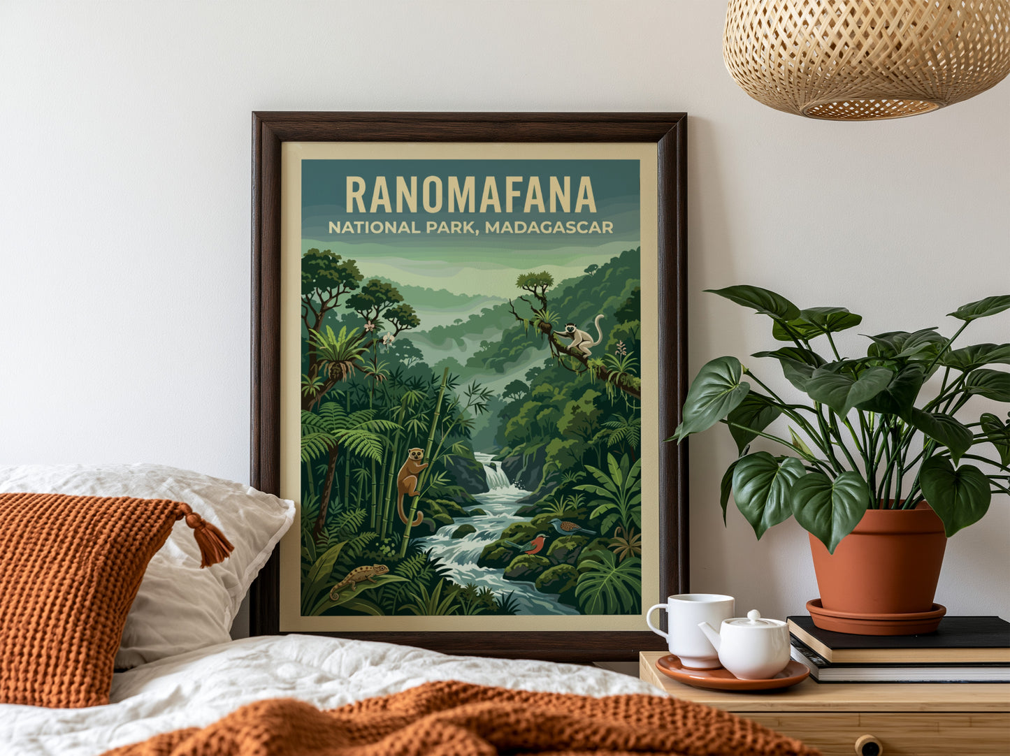 Ranomafana National Park poster featuring lush greenery, wildlife, and a serene river in vibrant colors