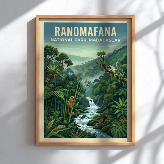 Ranomafana National Park poster featuring lush greenery, wildlife, and a serene river in vibrant colors