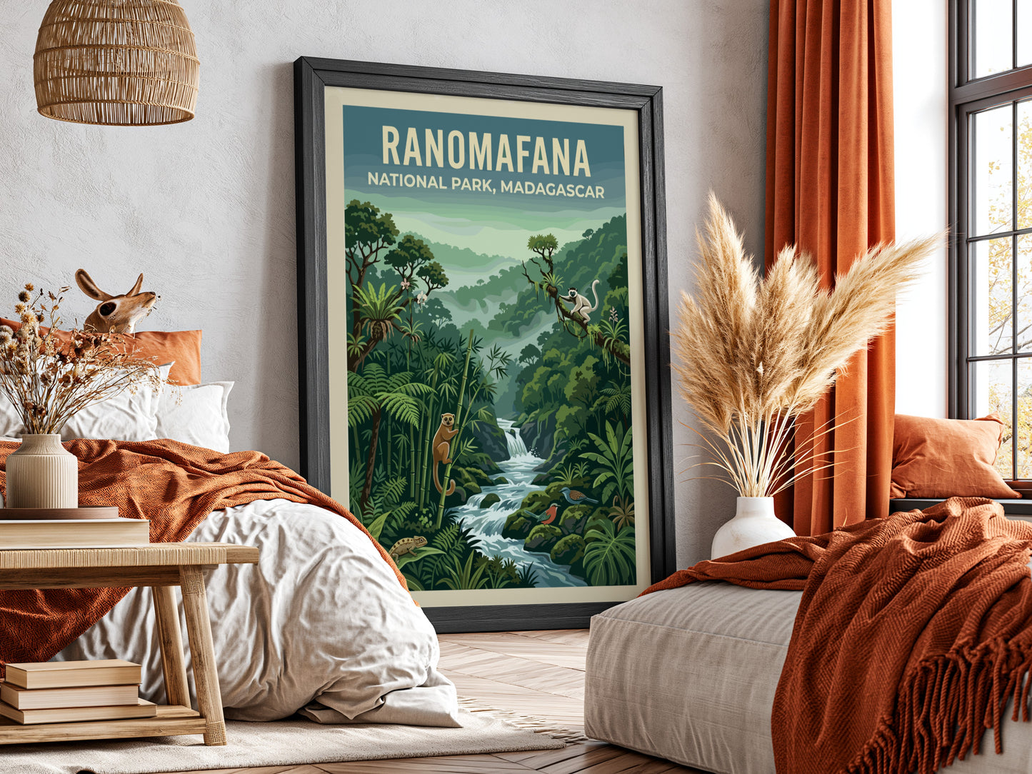 Ranomafana National Park poster featuring lush greenery, wildlife, and a serene river in vibrant colors