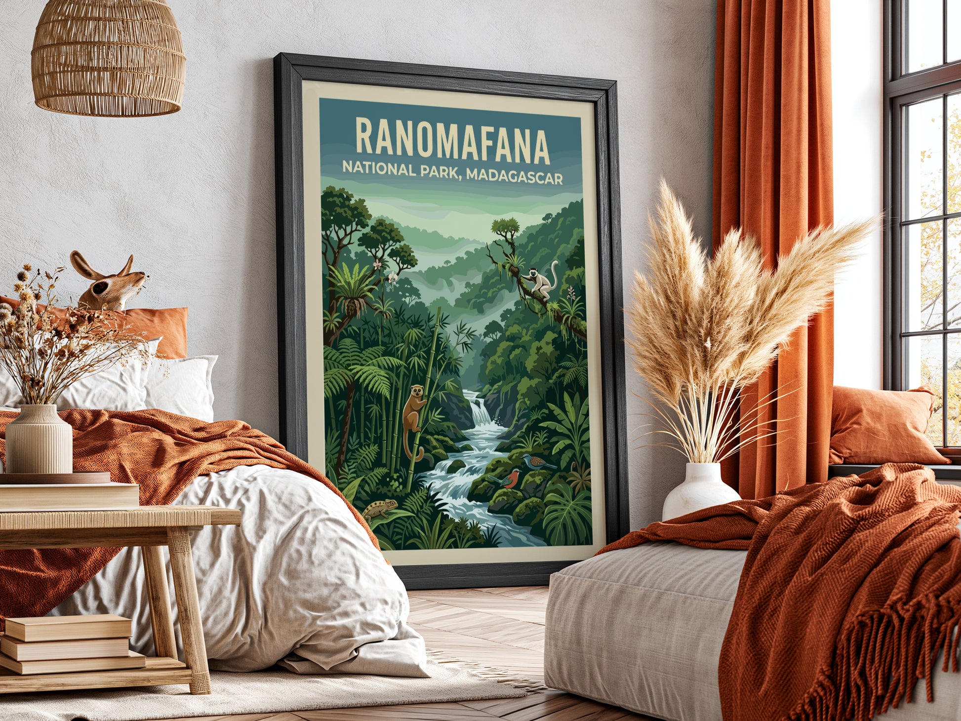 Ranomafana National Park poster featuring lush greenery, wildlife, and a serene river in vibrant colors