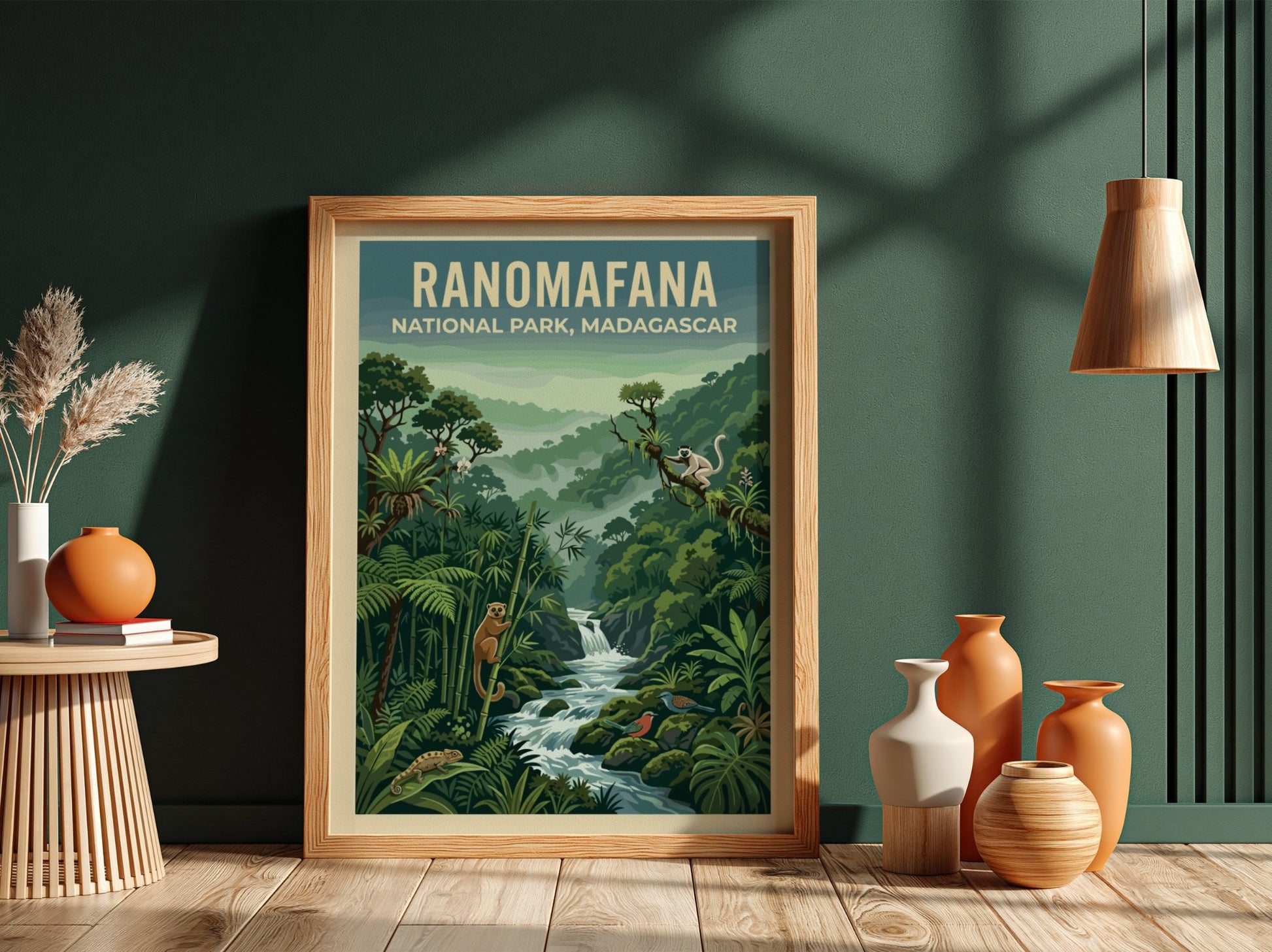 Ranomafana National Park poster featuring lush greenery, wildlife, and a serene river in vibrant colors