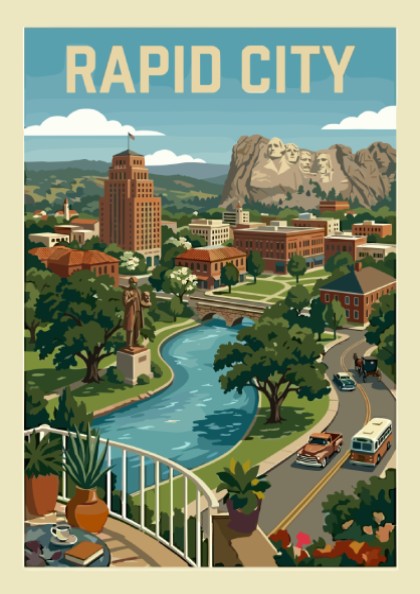 Vintage travel poster print of Rapid City skyline with Mount Rushmore, river, and retro cars.