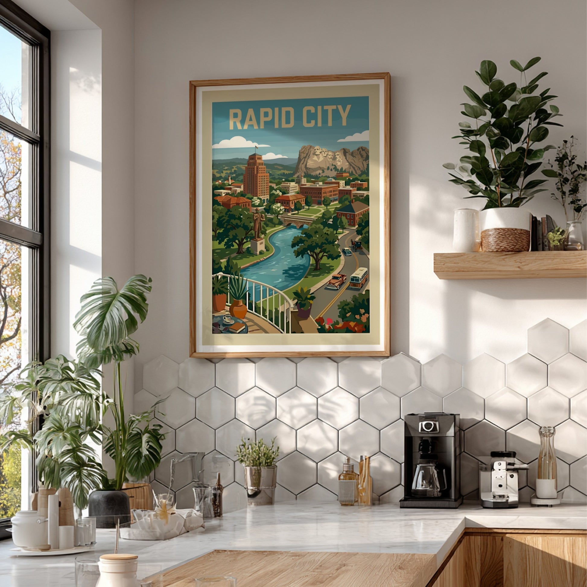 Vintage travel poster print of Rapid City skyline with Mount Rushmore, river, and retro cars.
