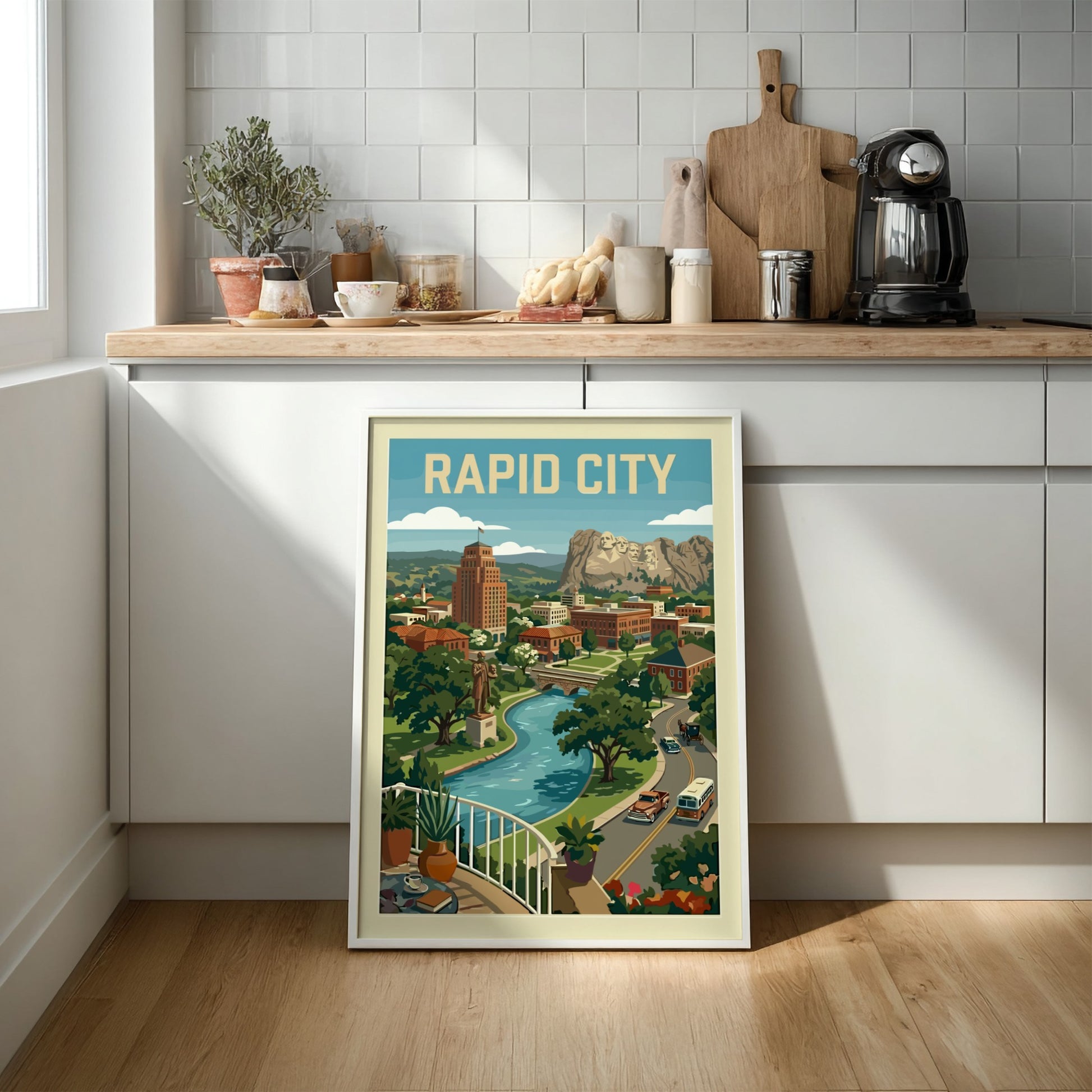 Vintage travel poster print of Rapid City skyline with Mount Rushmore, river, and retro cars.