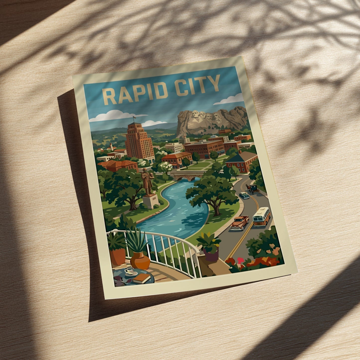 Vintage travel poster print of Rapid City skyline with Mount Rushmore, river, and retro cars.