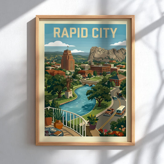 Vintage travel poster print of Rapid City skyline with Mount Rushmore, river, and retro cars.