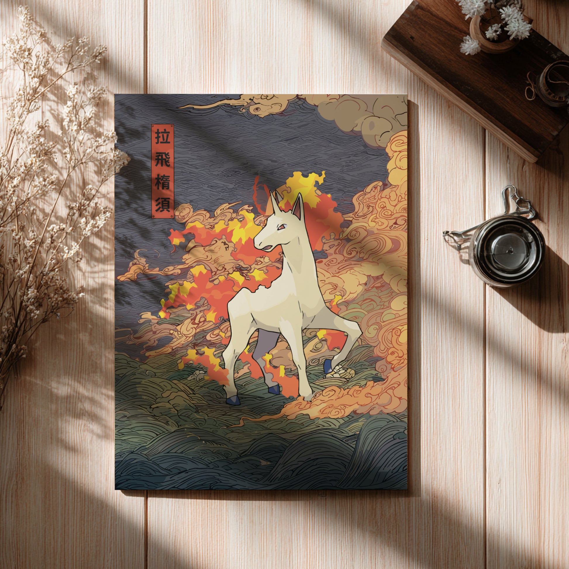 Decorative poster with Rapidash Pokemon design on a wooden surface