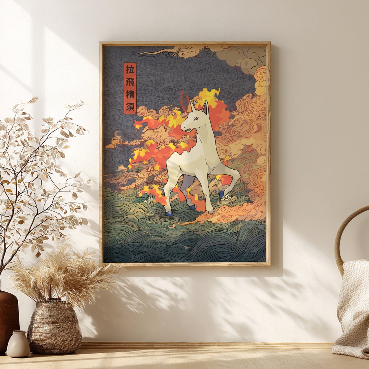 Framed artwork of Rapidash Pokemon in a fiery landscape on a wall with decorative elements.
