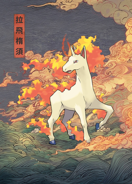 Rapidash Pokemon with fiery background and traditional design elements