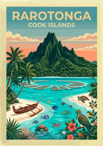 Rarotonga travel poster showing a volcanic mountain, turquoise lagoon, outrigger canoe, and tropical wildlife.