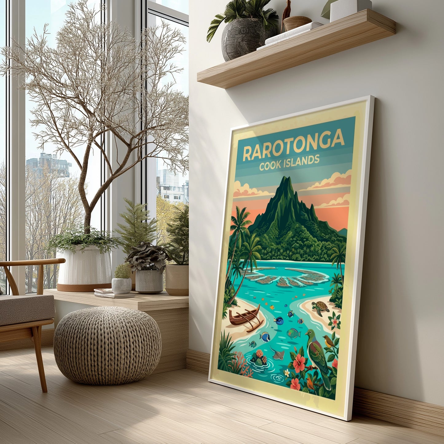 Rarotonga travel poster showing a volcanic mountain, turquoise lagoon, outrigger canoe, and tropical wildlife.