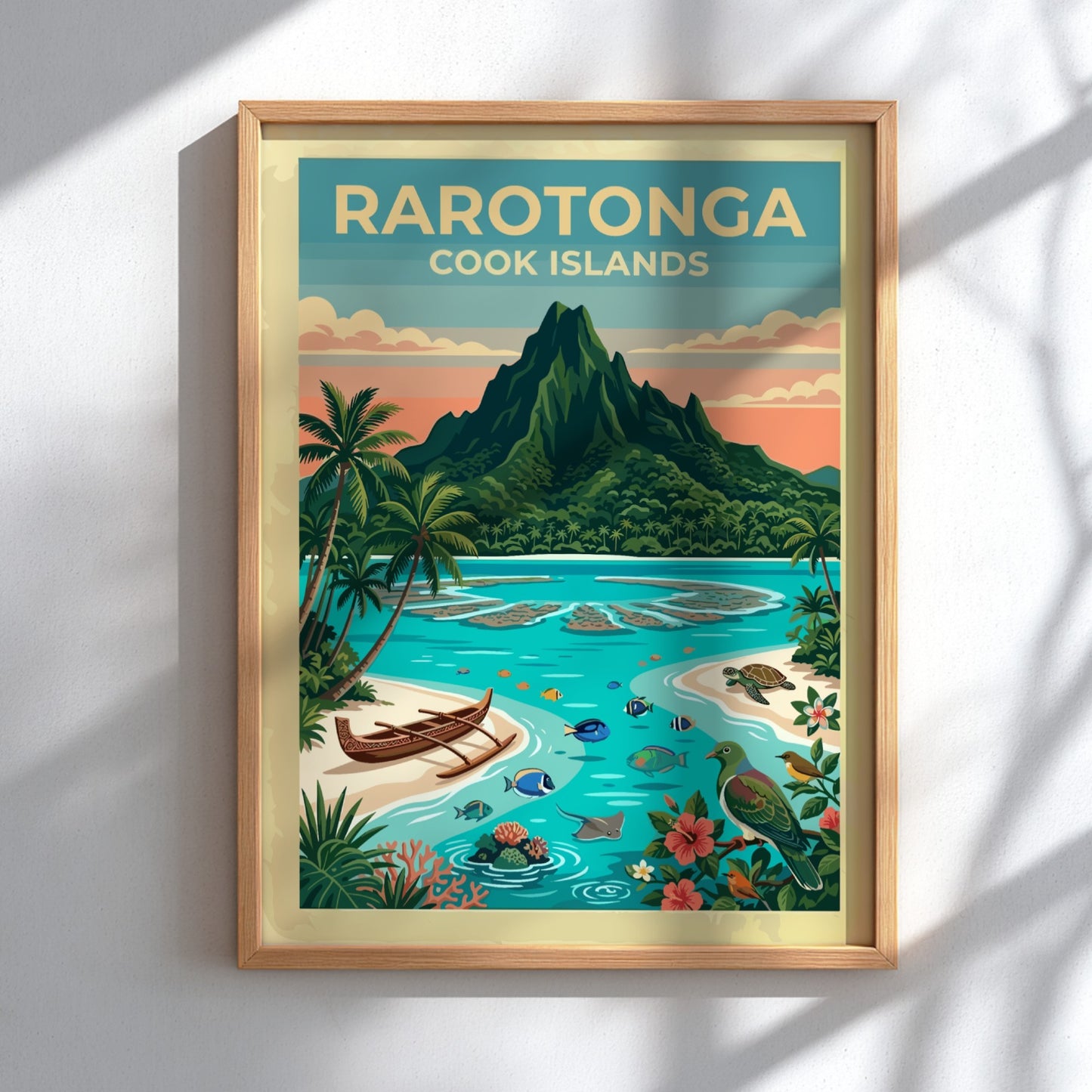 Rarotonga travel poster showing a volcanic mountain, turquoise lagoon, outrigger canoe, and tropical wildlife.